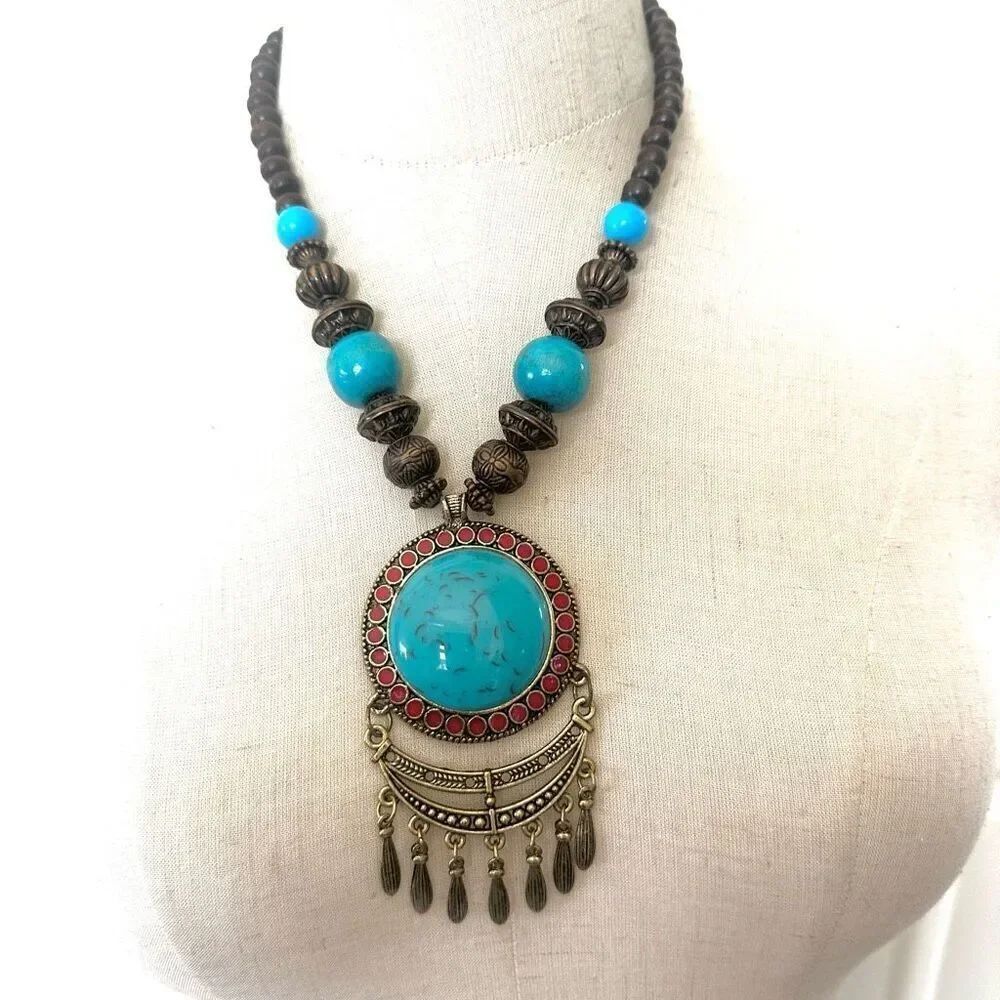 Turquoise blue and brown boho pendant necklace